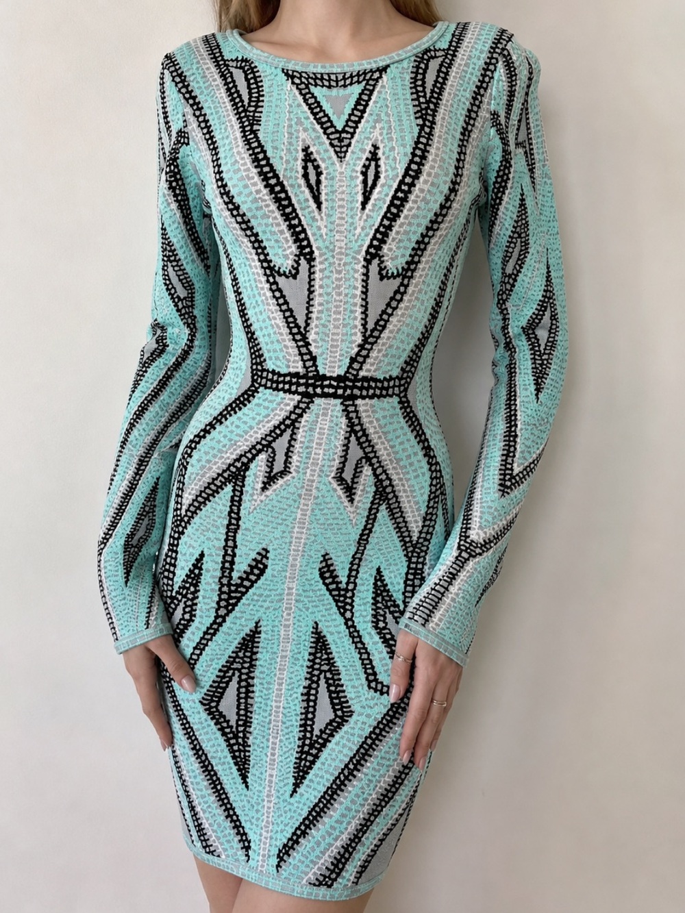 Herve Leger Abstract Lines Black and Blue Long Sleeve Bandage Dress - Size Small